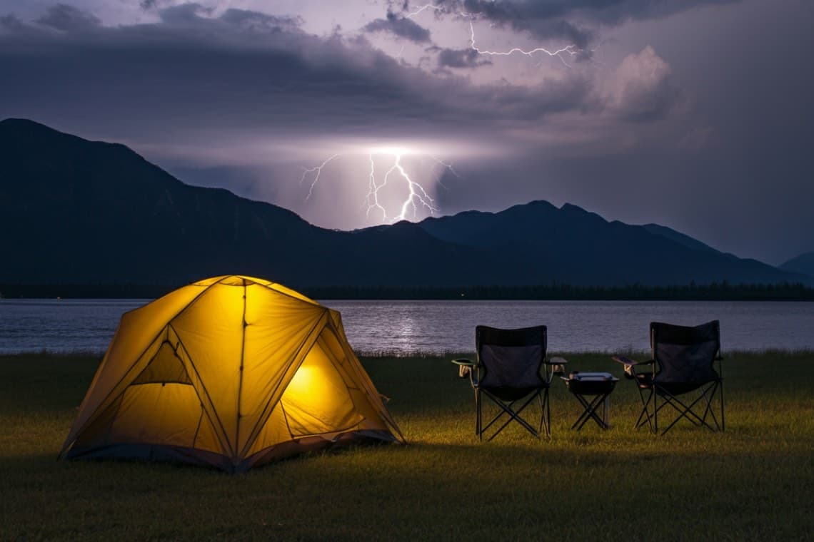 Kuppelzelt von innen beleuchtet, im Hintergrund ein See, am dunklen Himmel Gewitterwolken und Blitze
