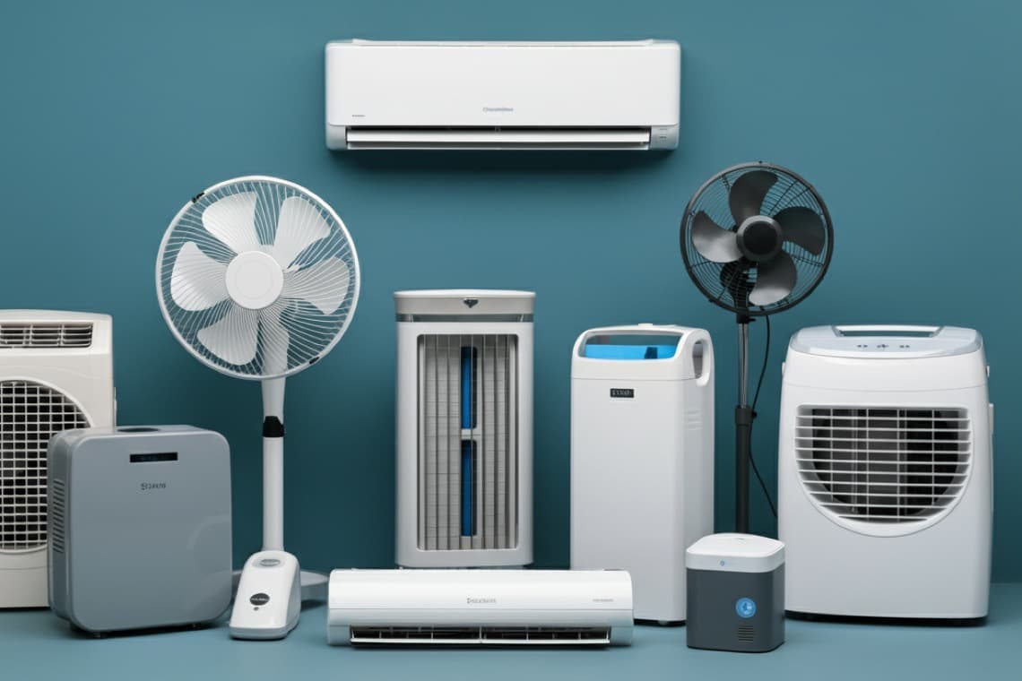 Verschiedene Klimageräte und Ventilatoren stehen vor einer blauen Wand. Dazu gehören eine Wand-Klimaanlage, tragbare Geräte und Tischventilatoren.