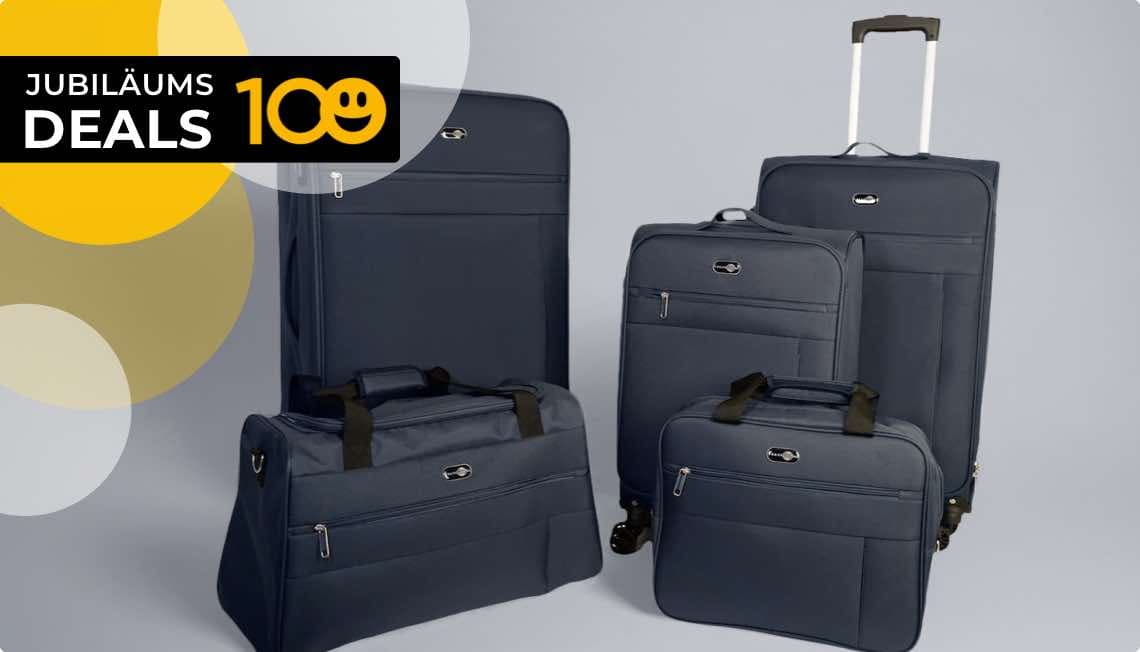 7 tlg. Trolley-Reise Set aus robustem Polyester inkl. Adressanhänger, Koffergurt, Schultertragegurte für die Taschen