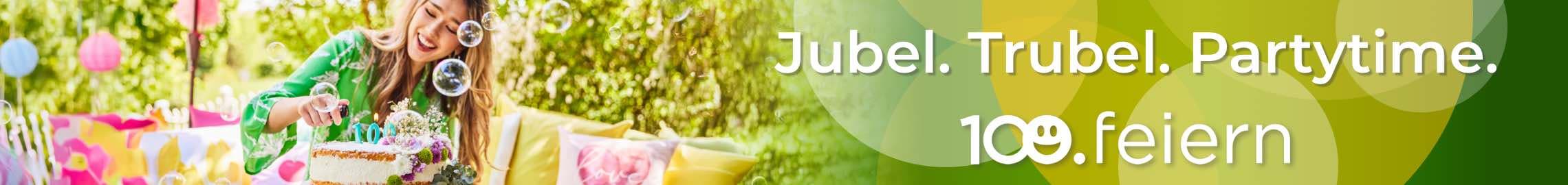 "Jubel. Trubel. Partytime. 100 Jahre feiern – eine fröhliche Feier mit bunten Dekorationen und einem leckeren Kuchen im Freien."