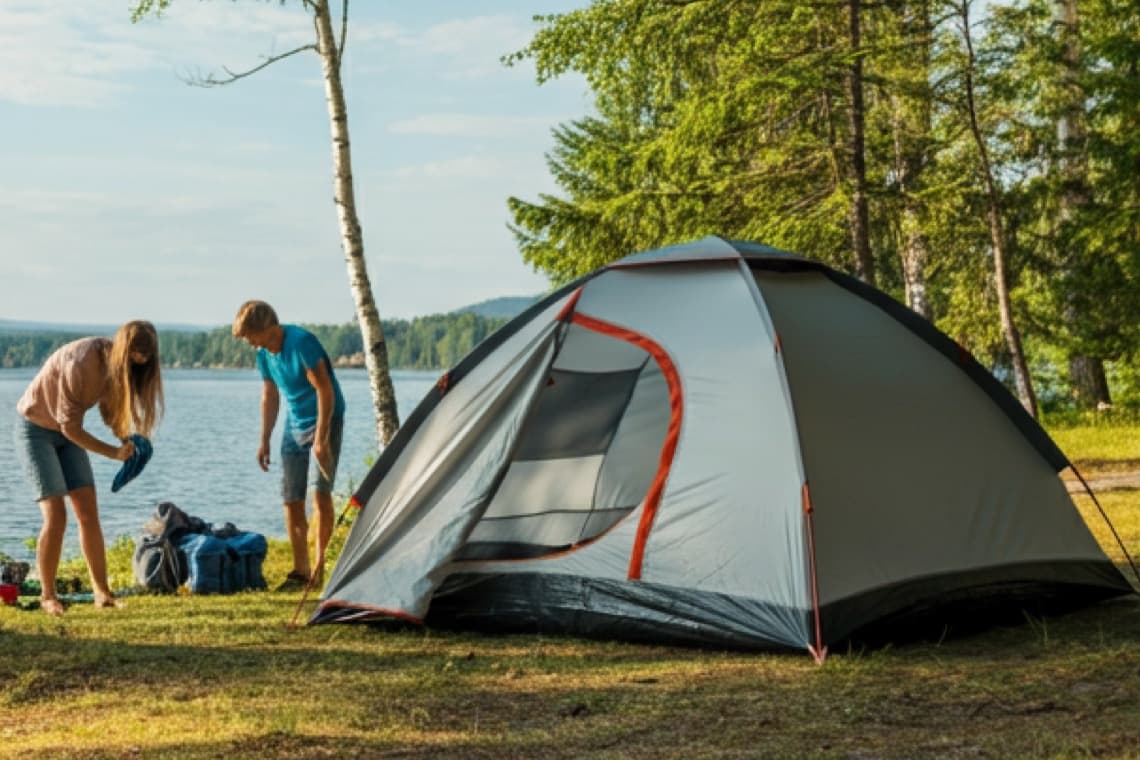 Zwei Personen packen Campingausrüstung neben einem grauen Zelt am See. Bäume und Wasser im Hintergrund.