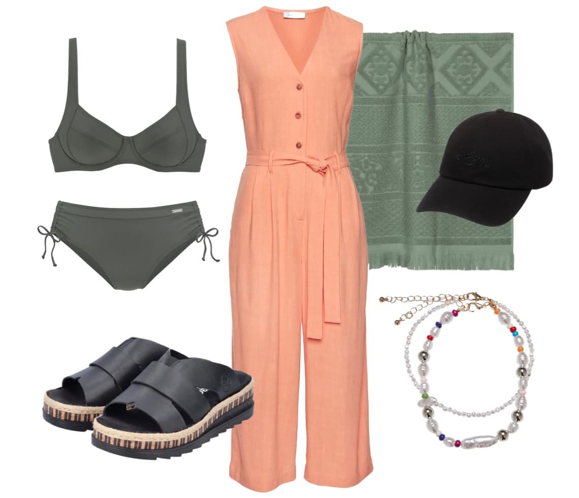 Outfitvorschlag: apricotfarbener Jumpsuit, grüner Bikini, schwarze Mütze, Sandalen, grünes Tuch und bunter Schmuck.