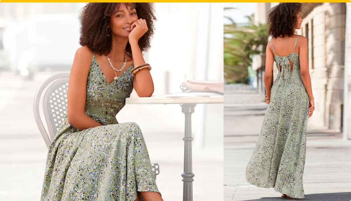 Blumenkleid in sanften Grüntönen, mit Spaghettiträgern und Rückenschnürung, perfekt für einen entspannten Sommertag.