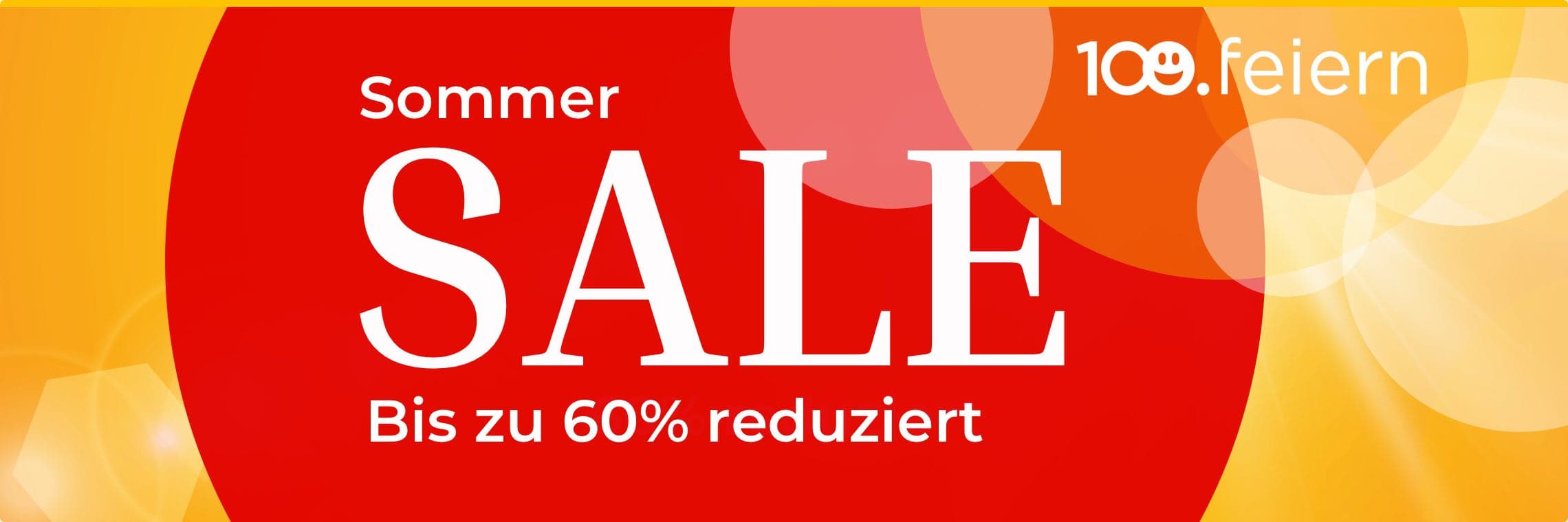 Sommer SALE Bis zu 60% reduziert – roter Hintergrund mit gelben und orangefarbenen Details und „100.feiern“ Schriftzug