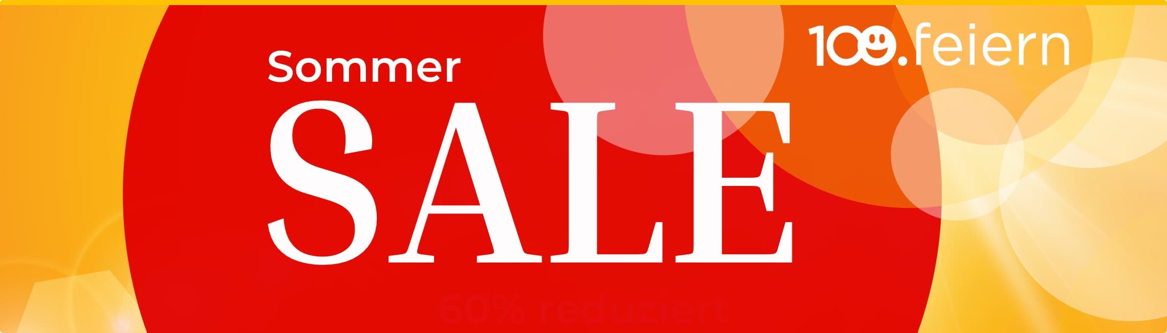 Sommer SALE – 100 Jahre feiern – 60 % reduziert – Roter Hintergrund mit gelben und orangefarbenen Kreisen