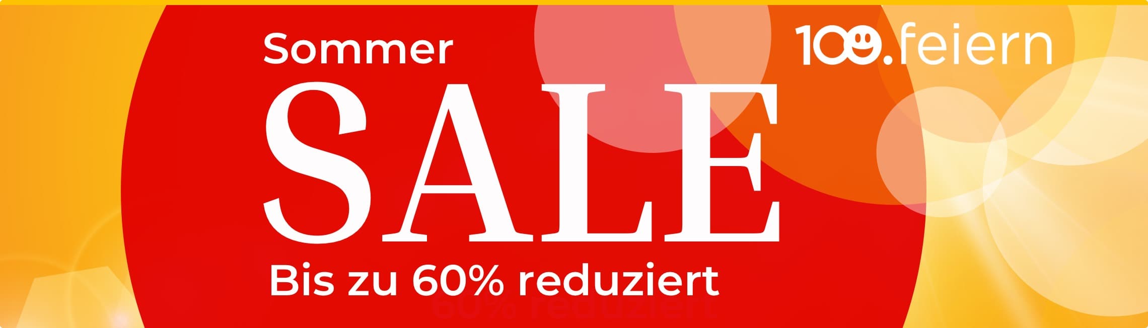 Sommer SALE bis zu 60 % reduziert – rotes Plakat mit gelb-orange Farben und Schrift 100.feiern