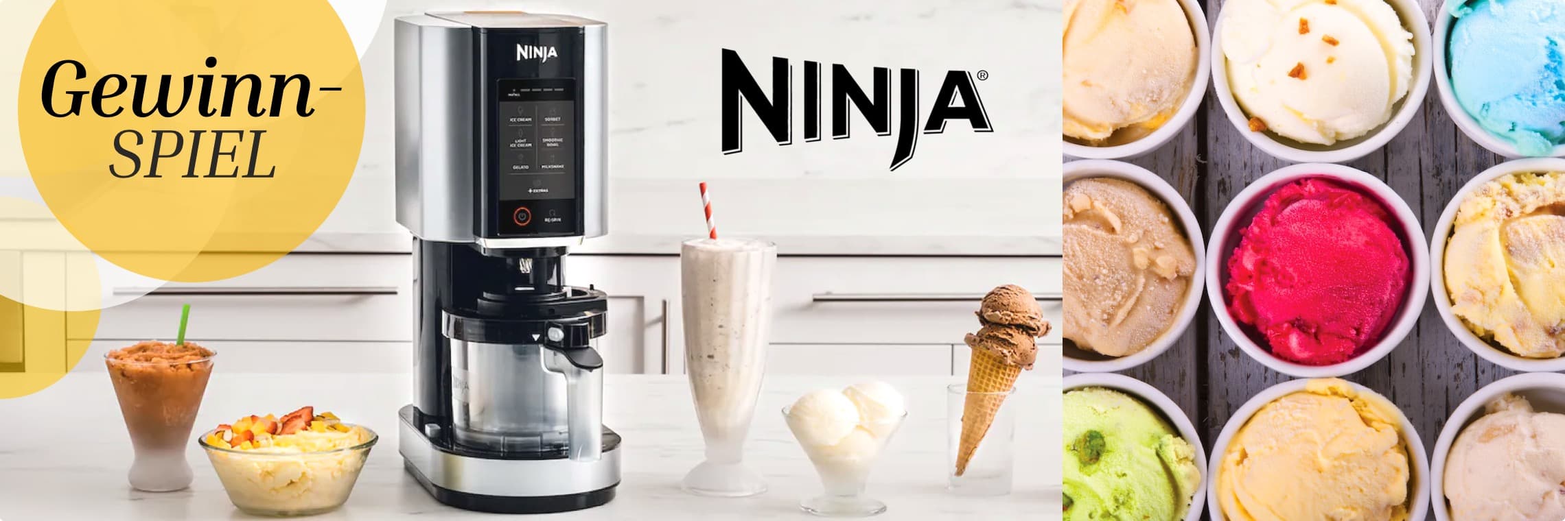 Gewinnspiel – Ninja Eismaschine mit verschiedenen Eiscremesorten und Milchshake auf Küchenarbeitsplatte
