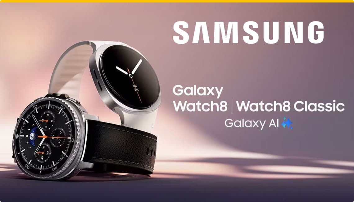 Samsung Galaxy Watch8 und Watch8 Classic – Zwei Smartwatches, eine mit schwarzem Lederarmband, die andere mit weißem Kunststoffarmband