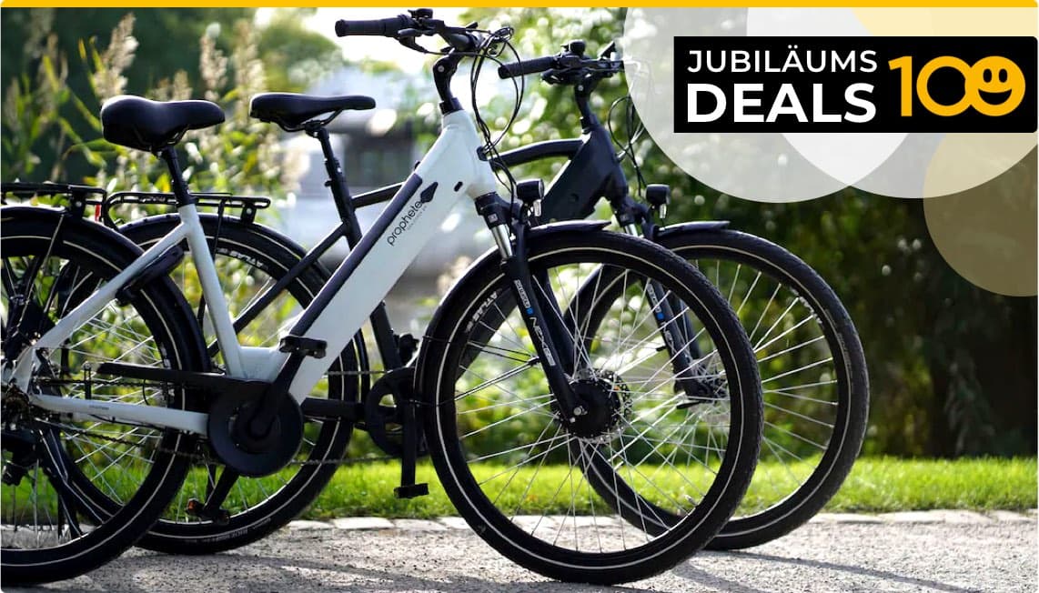 Jubiläumsdeals 100 – Zwei E-Bikes stehen nebeneinander auf einem Weg im Grünen