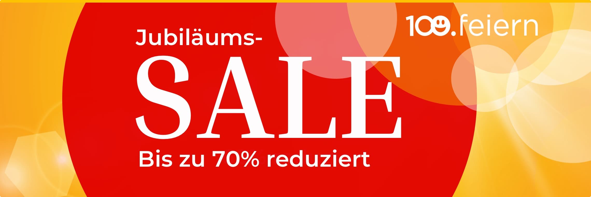 Jubiläums-SALE bis zu 70 % reduziert – roter Hintergrund mit gelben und orangefarbenen Kreisen