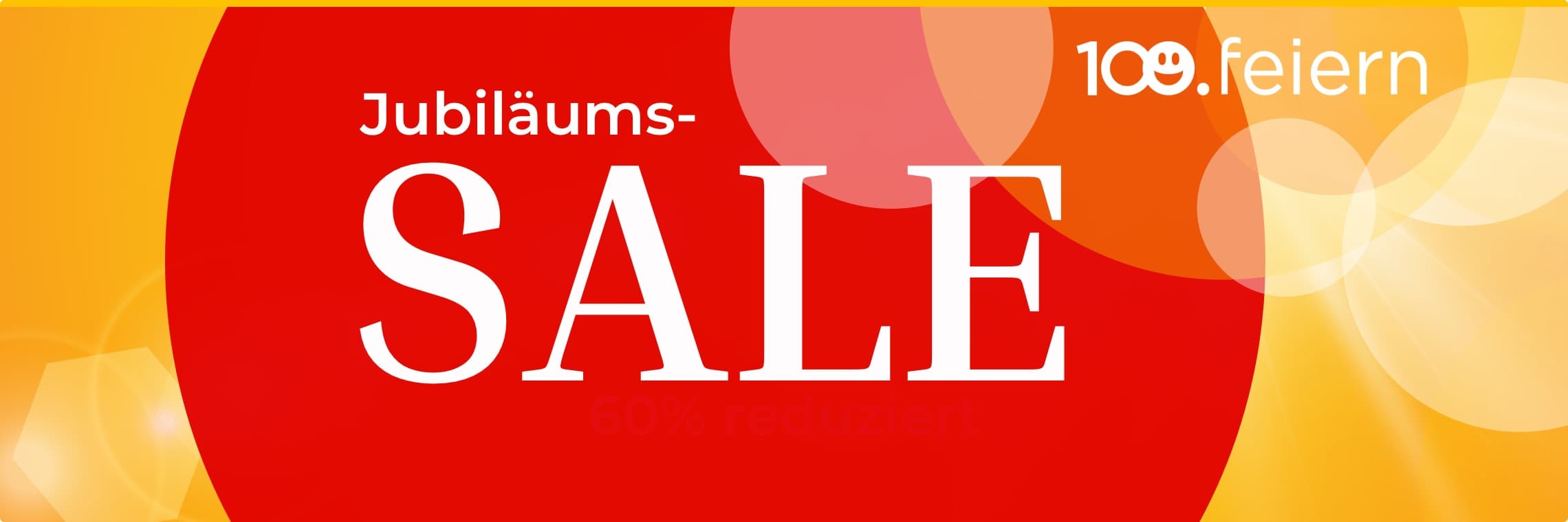 Jubiläums-SALE – bunte Kreise auf gelbem und rotem Hintergrund, 100. feiern in weißer Schrift