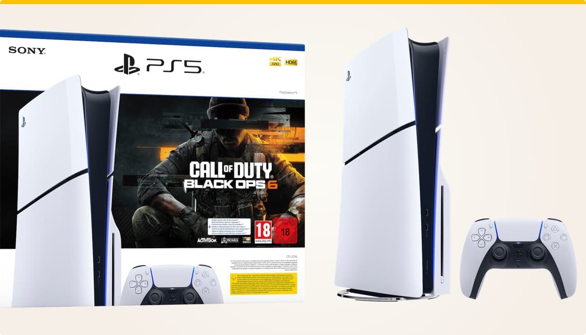 Call of Duty Black Ops 6 PS5 Bundle – Weiße PlayStation 5 Konsole mit Controller und Spielverpackung