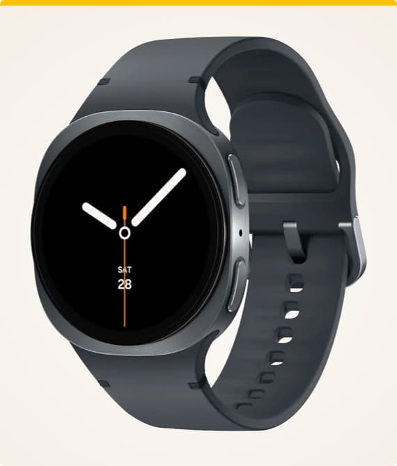 Smartwatch mit schwarzem Armband und rundem Display zeigt Datum Samstag 28 und Uhrzeit.