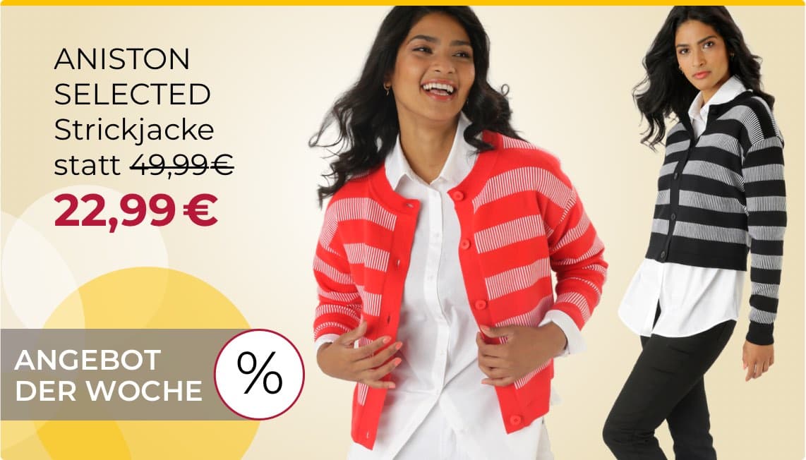Aniston Selected Strickjacke statt 49,99€ 22,99€ – Angebot der Woche – Frau in roter und Frau in schwarz-weiß gestreifter Strickjacke