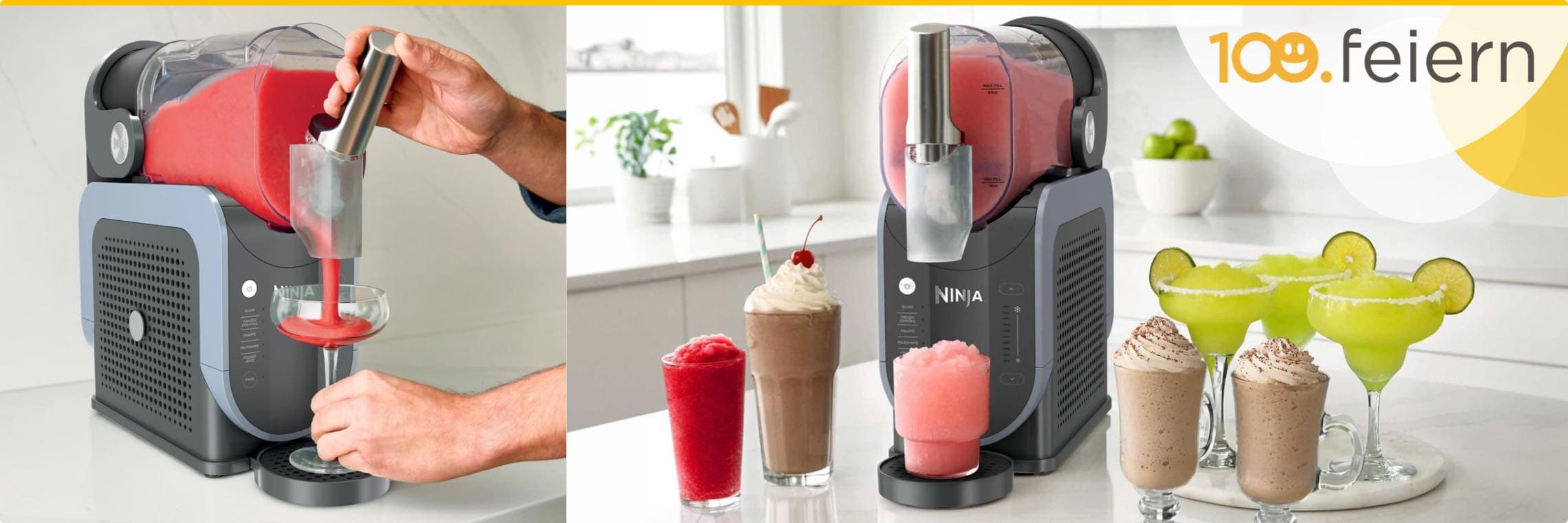 100. feiern – Slushie-Maschine bereitet verschiedene Getränke wie Erdbeer-Slushies, Milchshakes und grüne Margaritas zu
