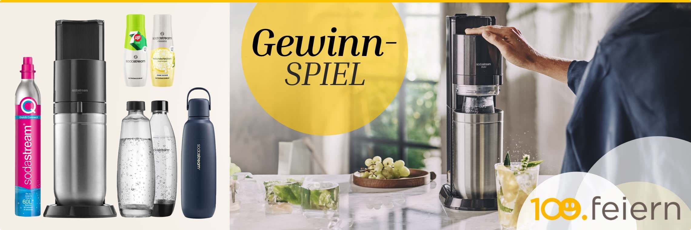 Gewinnspiel – Sodastream Wassersprudler Set, Flaschen und Sirup, Mann bedient Wassersprudler, 109 Jahre feiern