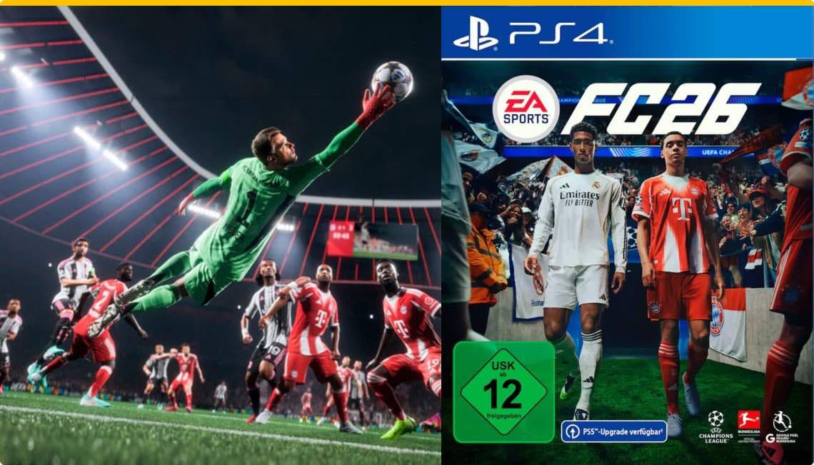 EA Sports FC 26 für PS4 – Fußballtorwart in grünem Trikot fängt den Ball, Spieler in roten und weißen Trikots im Stadion
