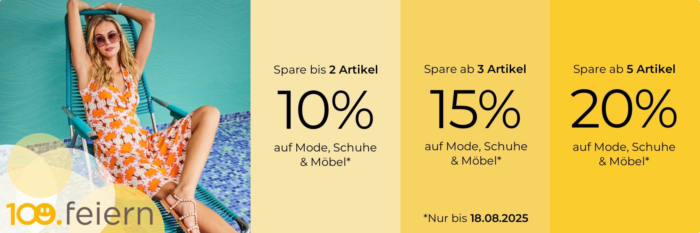 Bis 18.08.2025: 10 % bis 20 % Rabatt auf Mode, Schuhe & Möbel – Frau in Sommerkleid entspannt sich auf einem Liegestuhl