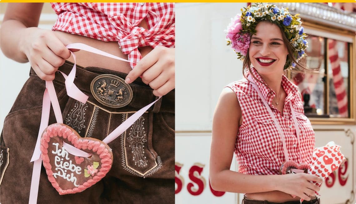 Ich liebe Dich – Frau in Tracht mit Lebkuchenherz und Blumenkranz hält Geschenk mit Herzmuster