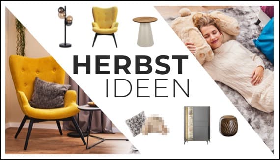 HERBST IDEEN – gelber Stuhl mit Kissen, Tisch und Lampe, Frau liegt in hellem Strickpullover auf dem Sofa