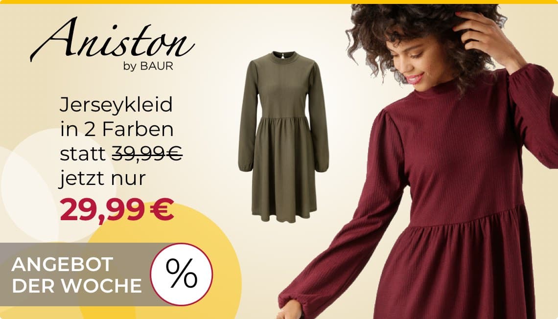 Aniston by BAUR Jerseykleid in 2 Farben statt 39,99€ jetzt nur 29,99€ – Angebot der Woche – Frau in rotem Jerseykleid hält ihre Haare