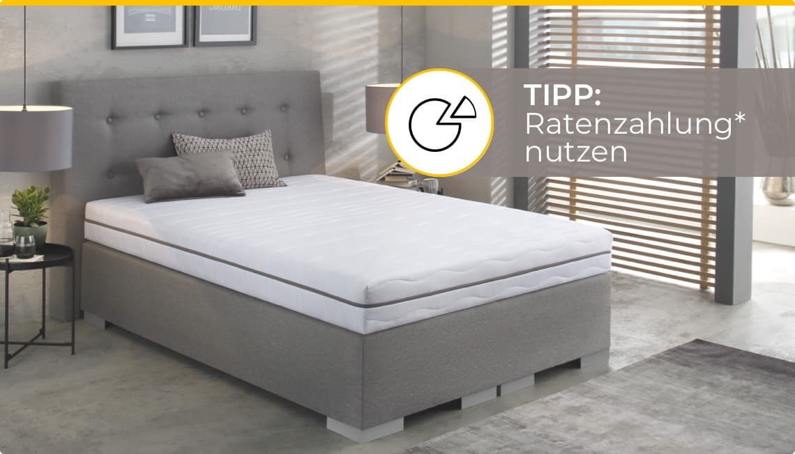TIPP: Ratenzahlung nutzen – graues Boxspringbett mit weißer Matratze, zwei Kissen und Nachttisch mit Lampe und Pflanze