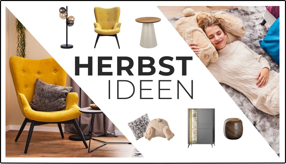 HERBST IDEEN – gemütlicher gelber Sessel, Stehlampe, Tisch, kuschelige Decke, warmes Wohnzimmer, dekorativer Kissen und Schrank