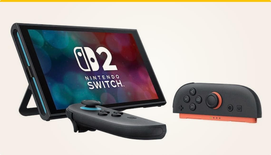 Nintendo Switch 2 – Konsole mit abgenommenen Controllern auf weißem Hintergrund