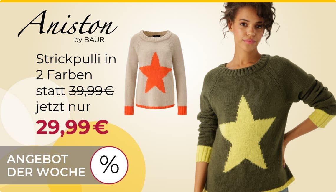 Strickpulli in 2 Farben statt 39,99€ jetzt nur 29,99€ – Angebot der Woche, Frau trägt olivgrünen Pulli mit gelbem Stern