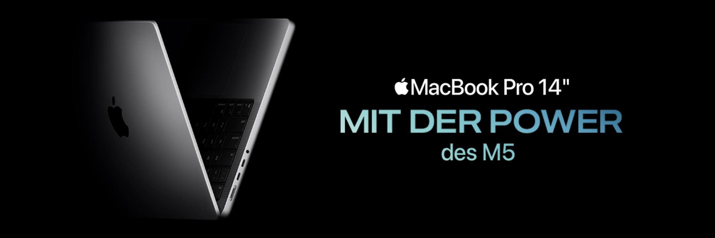 MacBook Pro 14" MIT DER POWER des M5 – Halb geöffnetes MacBook in seitlicher Ansicht auf schwarzem Hintergrund