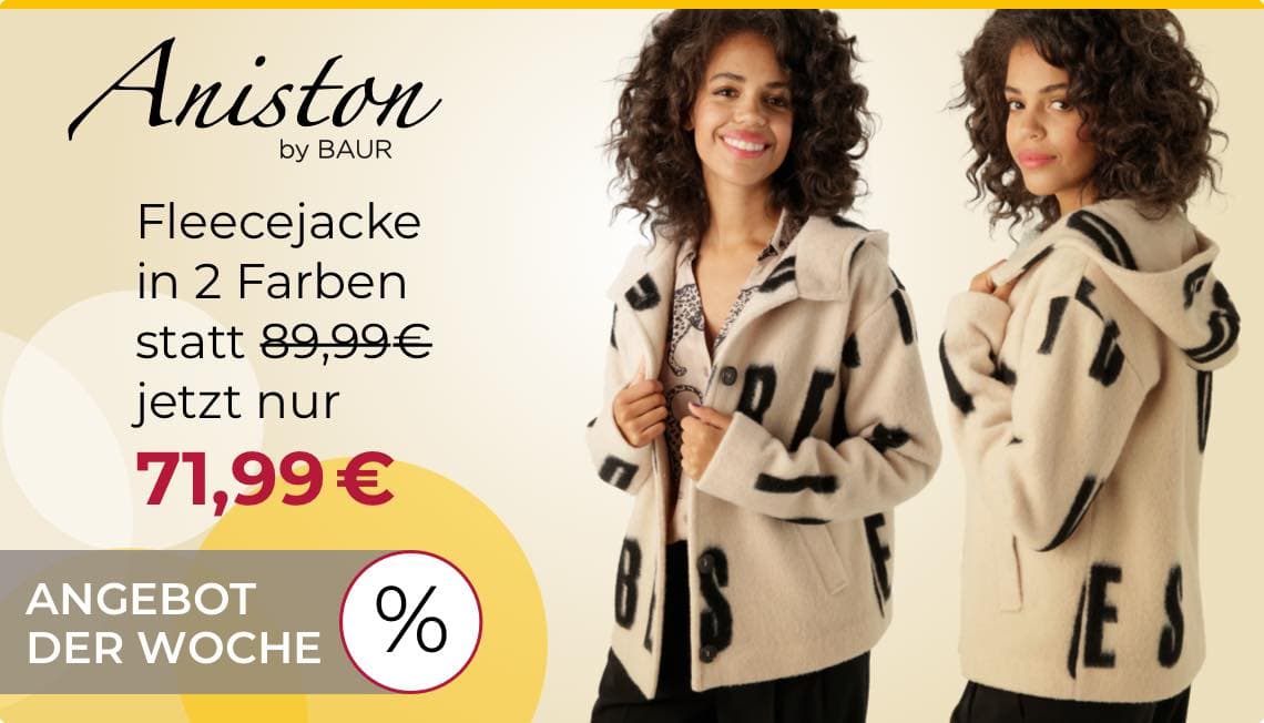 Fleecejacke in 2 Farben statt 89,99€ jetzt nur 71,99€ – Frau trägt beige Jacke mit schwarzem Muster, Vorder- und Rückansicht