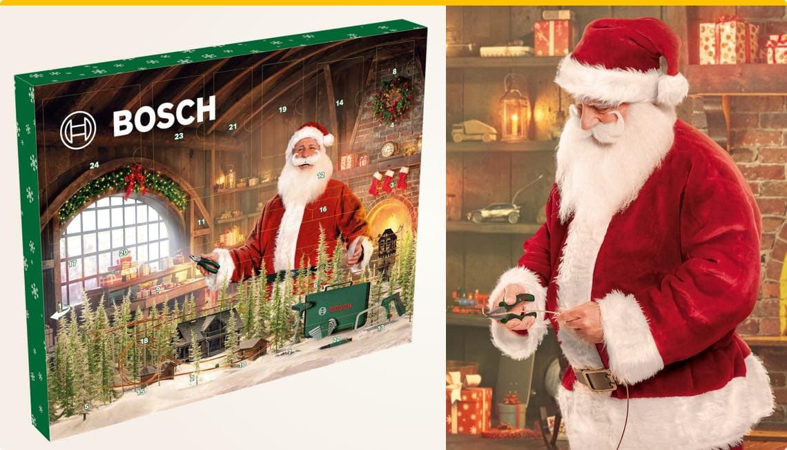BOSCH Adventskalender – Weihnachtsmann hält grünes Bosch-Werkzeug in gemütlicher Werkstatt mit Geschenken und Deko