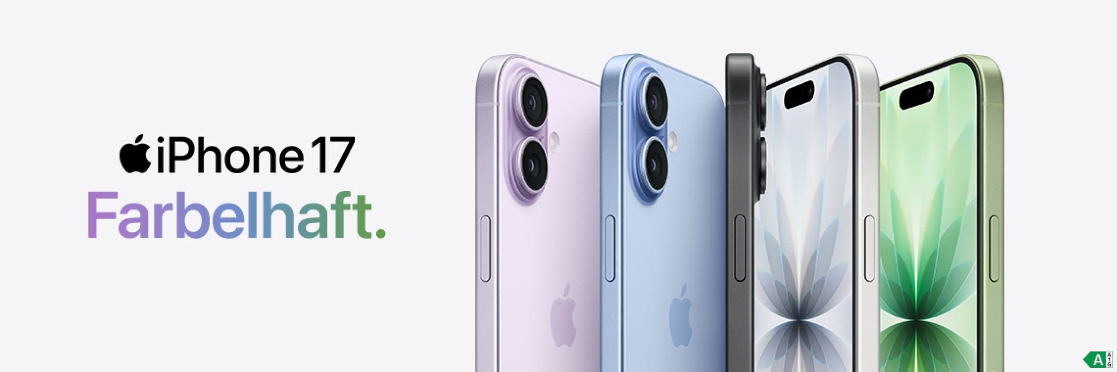 iPhone 17 – Farbelhaft. Vier iPhones in verschiedenen Farben: Lila, Blau, Schwarz und Grün, nebeneinander stehend.