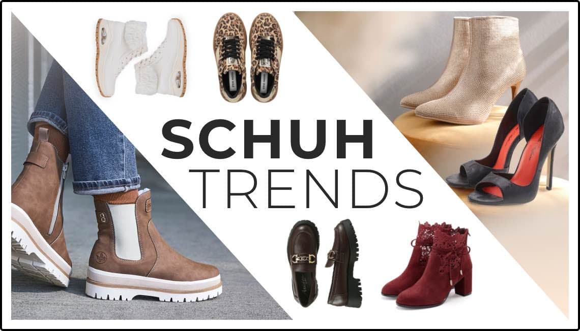 Schuh Trends – Auswahl an verschiedenen Schuhen, darunter Sneaker, Stiefel, High Heels und Loafer