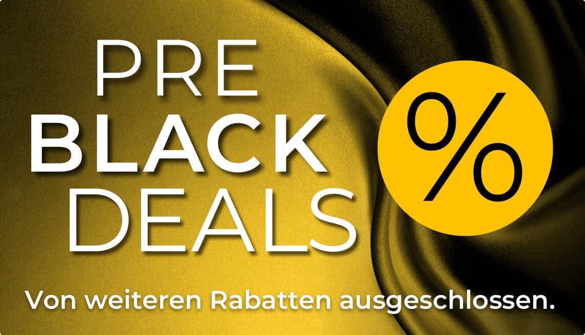 PRE BLACK DEALS – Von weiteren Rabatten ausgeschlossen. Gelbes Prozentzeichen auf schwarzem und goldenem Hintergrund.
