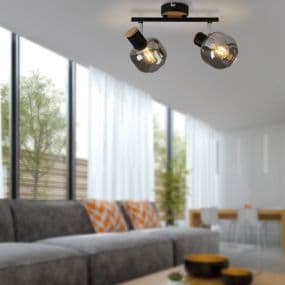 Moderne Wohnzimmerbeleuchtung mit zwei kugelförmigen Spots über einem grauen Sofa und Holztisch.