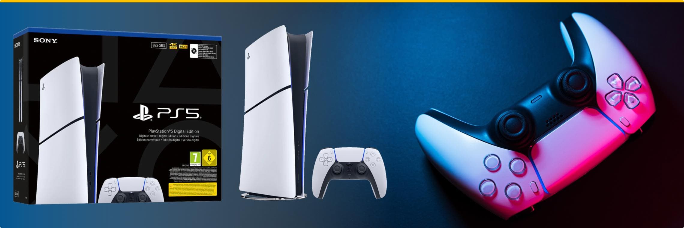 PlayStation 5 Digital Edition Verpackung, PS5 Konsole, Controller und beleuchteter DualSense Controller in Nahaufnahme