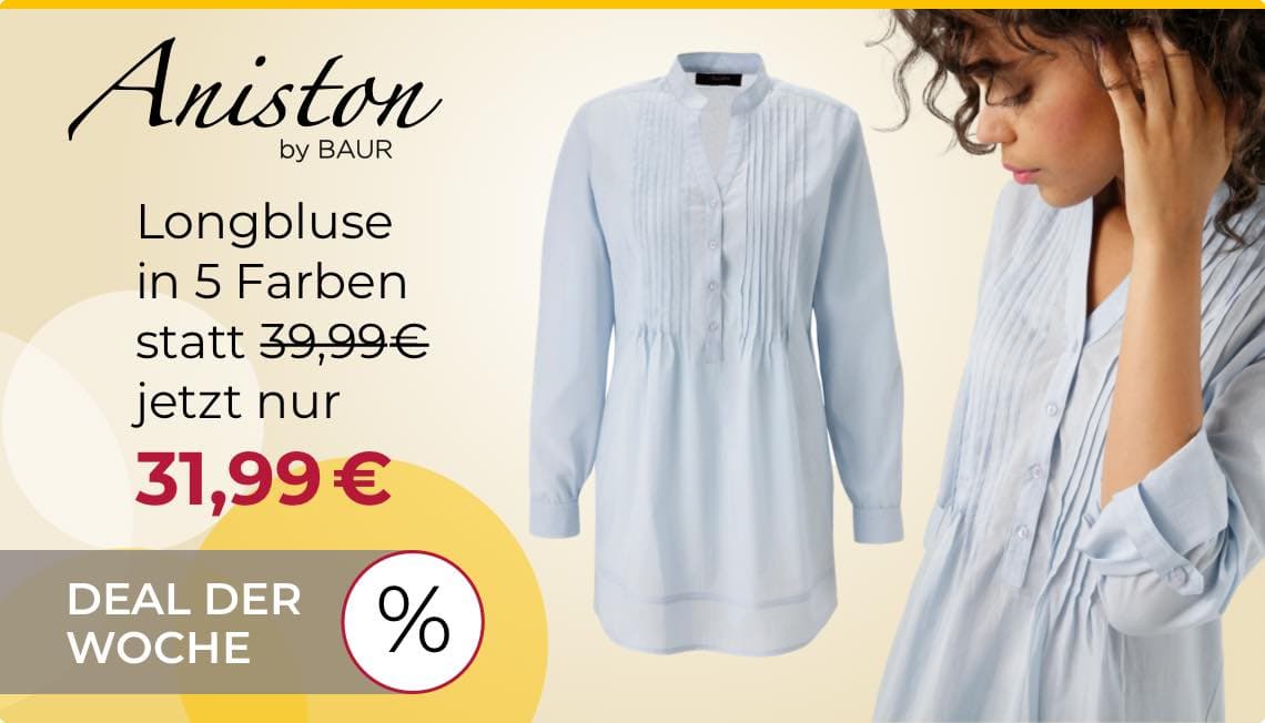 Deal der Woche: Longbluse von Aniston in 5 Farben statt 39,99€ jetzt nur 31,99€ – Frau trägt hellblaue Longbluse
