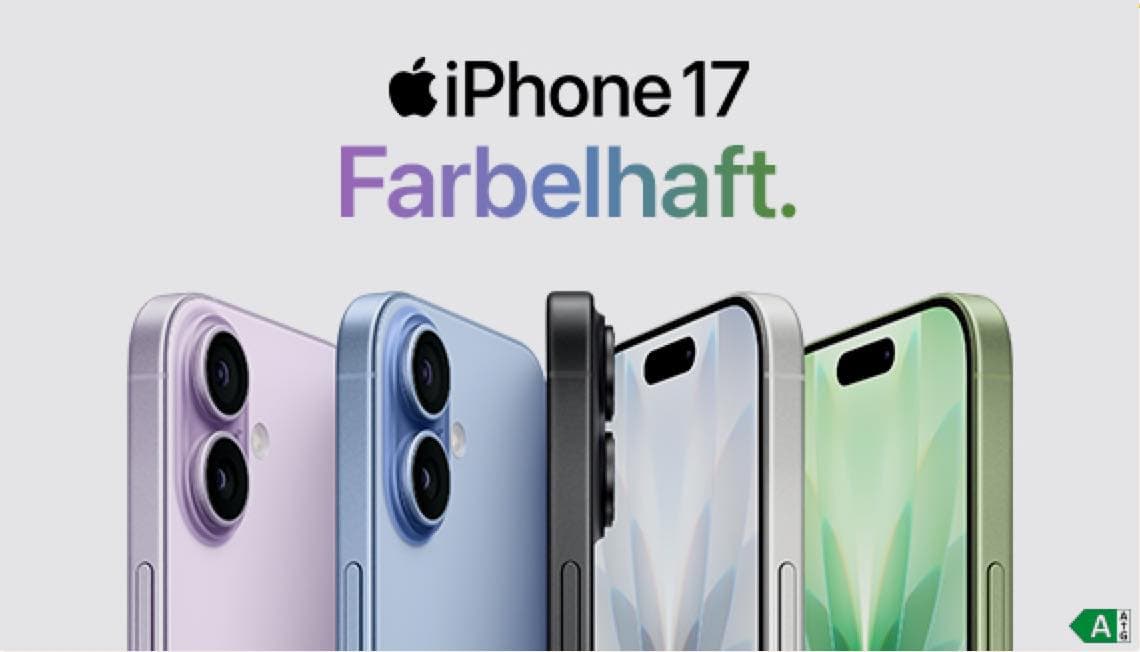iPhone 17 – farbenfrohe Auswahl an Smartphones in Lila, Blau, Schwarz, Silber und Grün, Vorder- und Rückansicht.