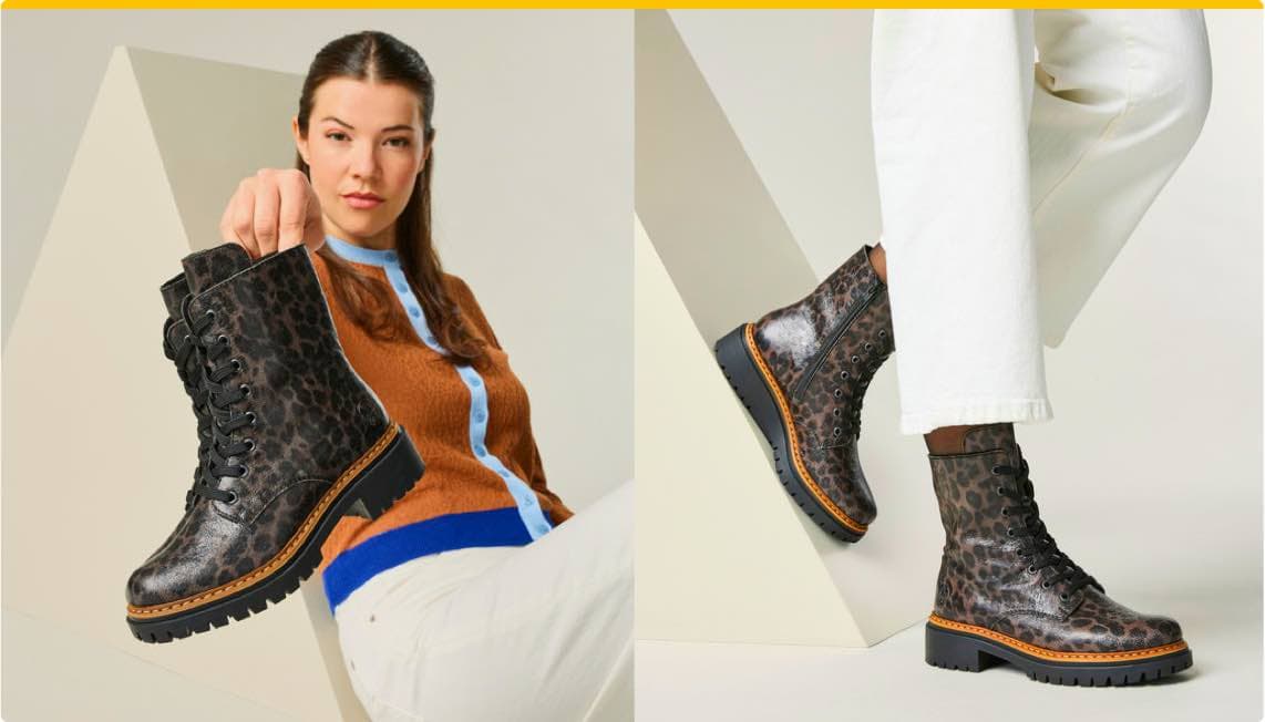 Frau hält schwarzen Schnürstiefel mit Leopardenmuster, trägt braunen Pullover. Zweites Bild zeigt Stiefel am Fuß mit weißer Hose.