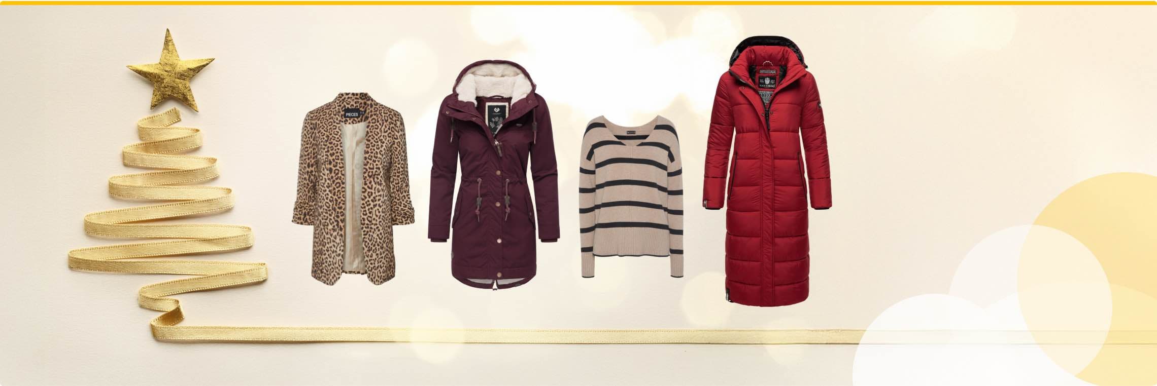 Goldene Schleife als Weihnachtsbaum – Leopardenjacke, burgunderfarbener Mantel, gestreifter Pullover, roter langer Daunenmantel