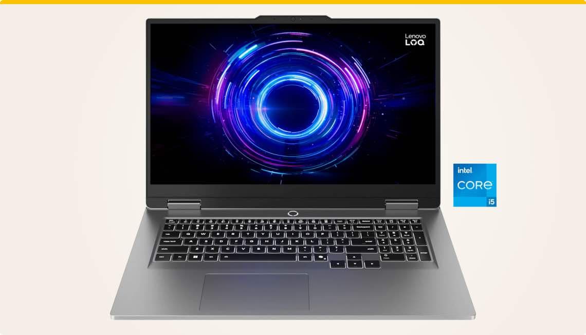 Lenovo LOQ Laptop mit Intel Core i5 – Laptop mit geöffnetem Display zeigt abstrakte Grafik, Tastatur und Intel Core i5 Logo rechts
