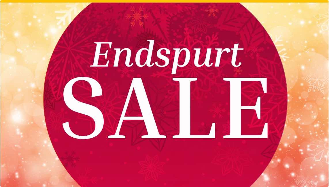 Endspurt SALE – roter Kreis mit Schneeflocken auf goldenem Hintergrund