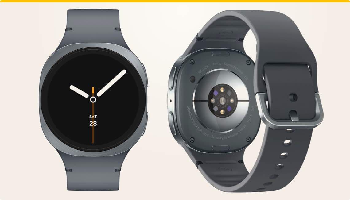 Smartwatch mit schwarzem Zifferblatt und grauem Armband, Vorder- und Rückansicht, zeigt Samstag, den 28.