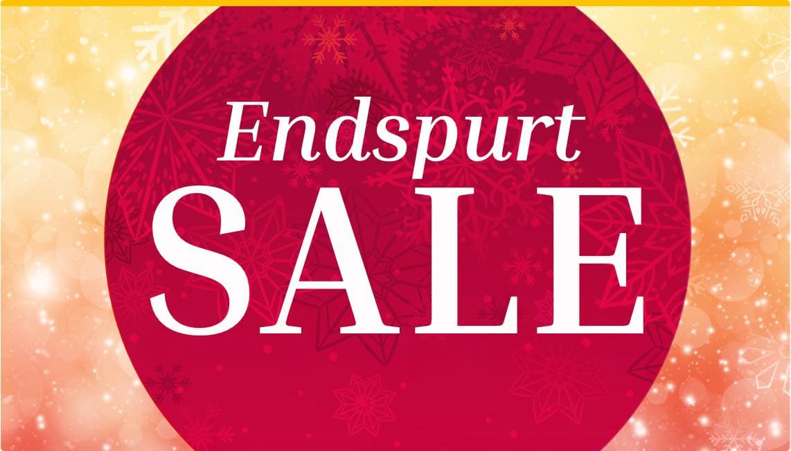 Endspurt SALE – roter Kreis vor glitzerndem Hintergrund mit Schneeflocken-Muster