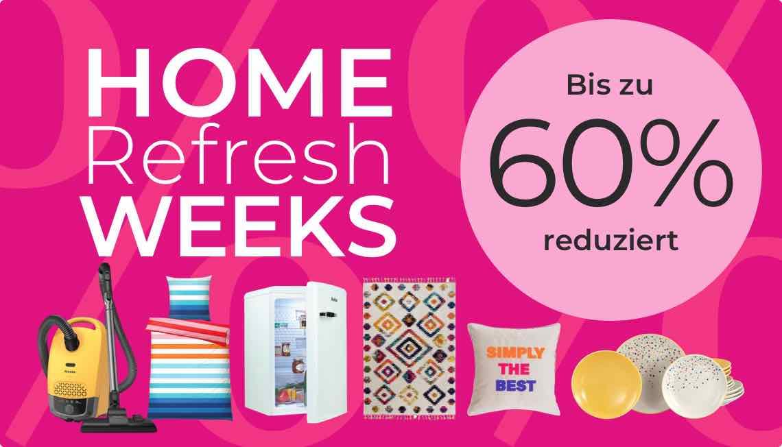Bis zu 60 % reduziert – HOME Refresh WEEKS: Staubsauger, Bettwäsche, Kühlschrank, Teppich, Kissen und Geschirr auf rosa Hintergrund