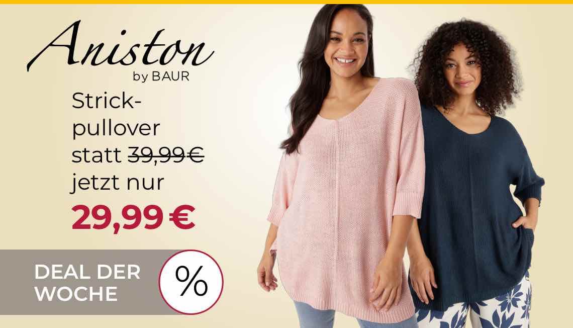 Deal der Woche: Aniston Plus Strickpullover statt 39,99€ jetzt nur 29,99€ – Zwei Frauen in Pullovern, eine in Rosa, die andere in Dunkelblau, beide lächelnd.