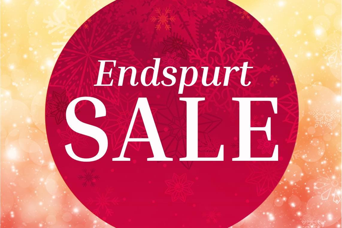 Endspurt SALE – roter Kreis vor goldenem Hintergrund mit Schneeflocken-Muster