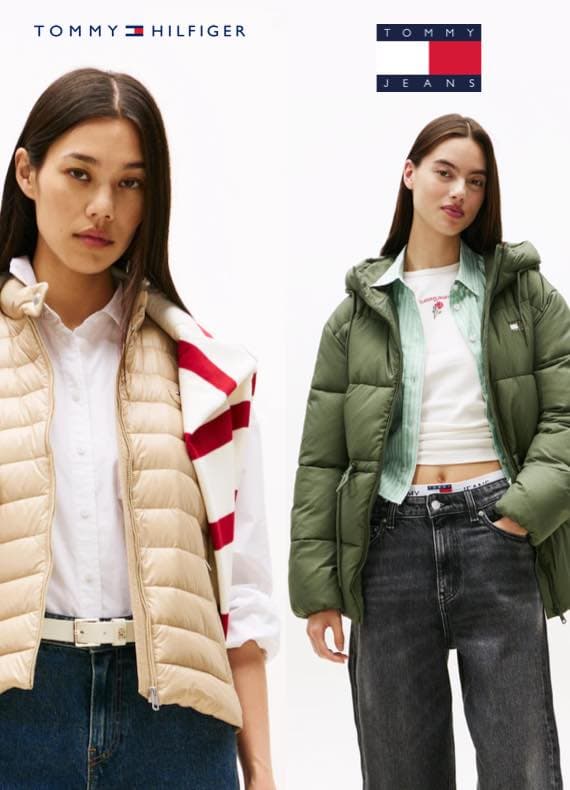 Tommy Hilfiger und Tommy Jeans – Zwei Frauen tragen beige Weste und grüne Jacke mit Jeans.