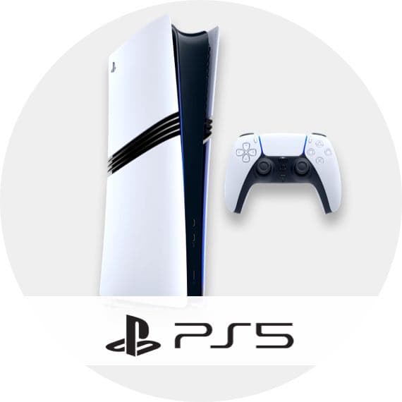 PlayStation PS5-Konsole und Controller vor weißem Hintergrund mit PS5-Logo darunter